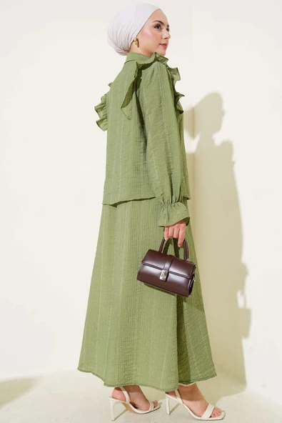 Omuz Fırfırlı Etekli İkili Takım Çağla Yeşili - Resim 3