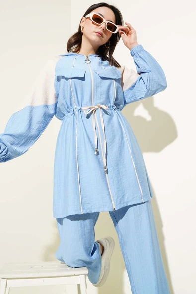 Göğüs Cep Kapaklı Garnili İkili Takım Mavi - Resim 2