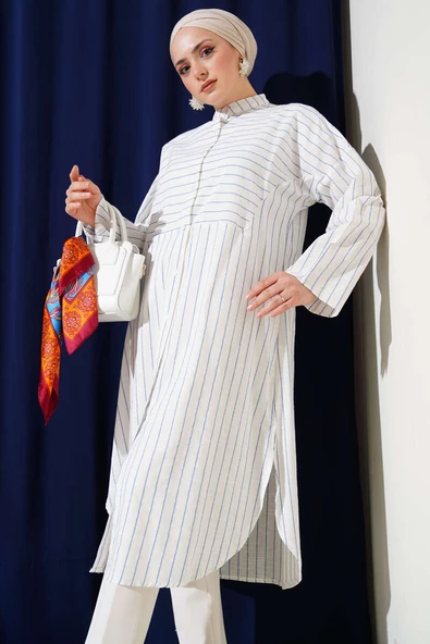 Asimetrik Çizgili Uzun Keten Gömlek Mavi ürün görseli 1