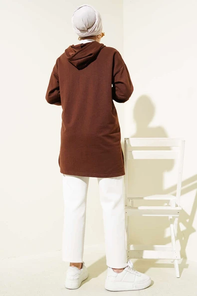 Kapüşonlu Yarım Fermuarlı Baskılı Tunik Kahve - Resim 3