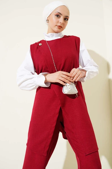 Düğme Detaylı Kemerli Üçlü Takım Bordo - Resim 2