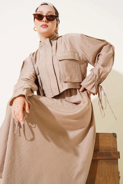 Göğüs Cepli Fermuarlı Etekli İkili Takım Latte - Resim 2