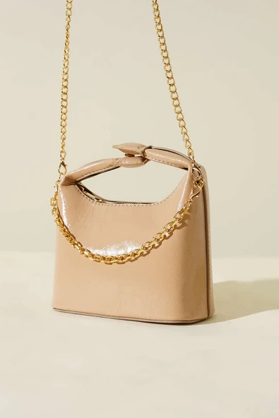 Çıtçıt Kulplu Zincir Askılı Rugan Çanta Bej ürün görseli 1