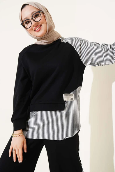 Loyşa Çizgi Garnili Tunik İkili Takım Siyah - Resim 2