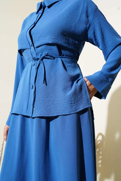 Parça Detaylı Kuşaklı Etekli Ayrobin Takım İndigo - Resim 4