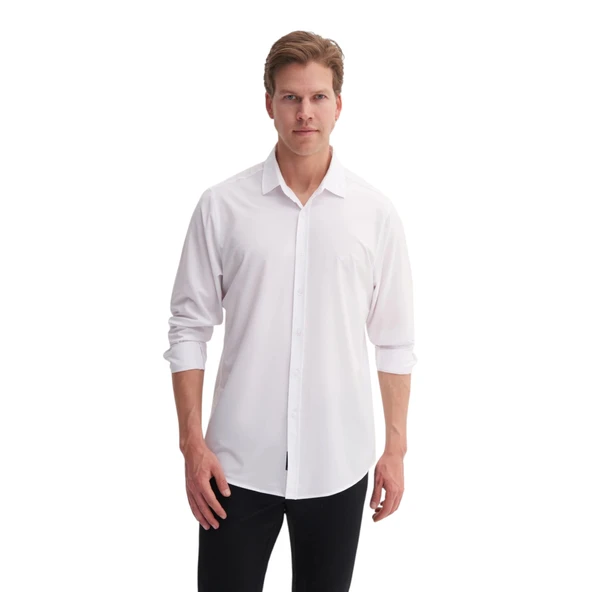 Regular Fit Dokuma Viscon Uzun Kol Gömlek - Resim 4