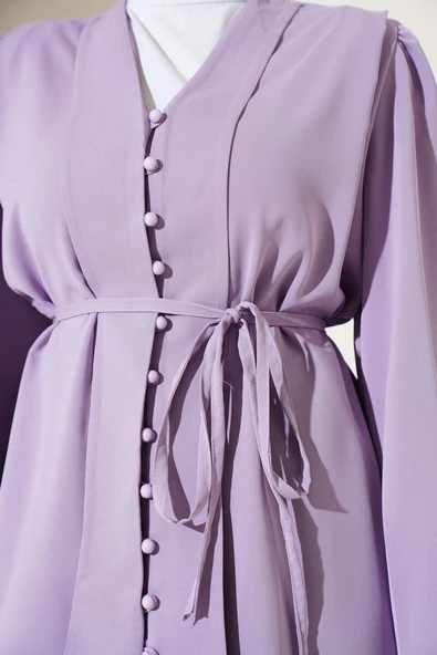 Brit Düğmeli İp Kuşaklı Tunik İkili Takım Lila - Resim 4