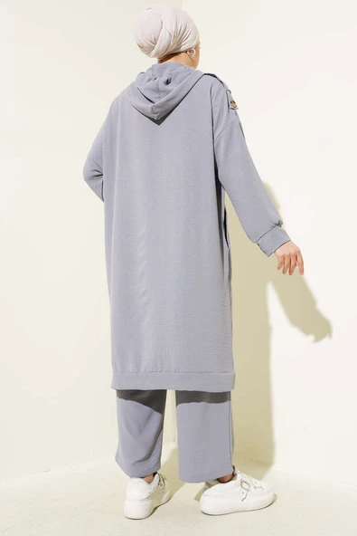 Omuz Apoletli Uzun Hırkalı Ayrobin İkili Takım Gri - Resim 3