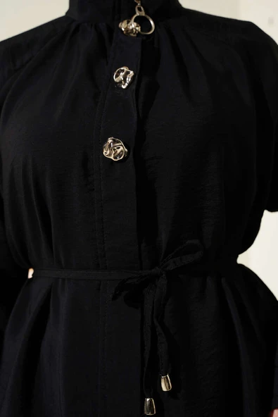 Önü Fermuarlı Kuşaklı İkili Takım Siyah - Resim 4