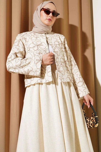 Desen Nakışlı Etekli Ceket İkili Takım Kahve - Resim 2