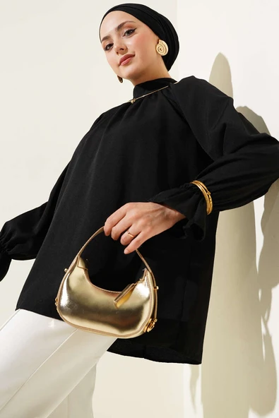 Bilek Lastikli Yaka Pileli Tunik Siyah ürün görseli