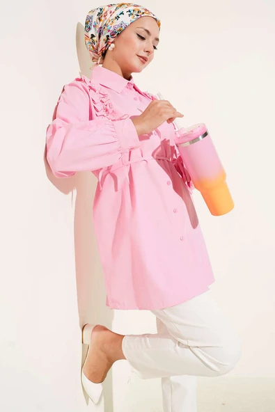 Omuz Fırfırlı İncili Gömlek Pembe ürün görseli 1
