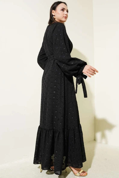 Sim Puantiyeli Volanlı Kuşaklı Elbise Siyah - 3