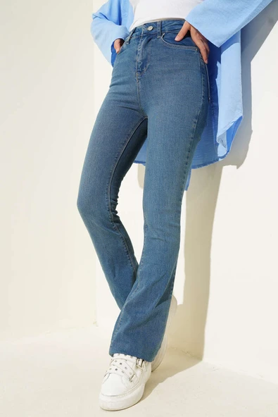 Yüksel Bel İspanyol Paça Pantolon Mavi Tint ürün görseli 1