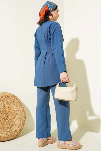 Pensli Bağlamalı Keten İkili Takım İndigo - Resim 3