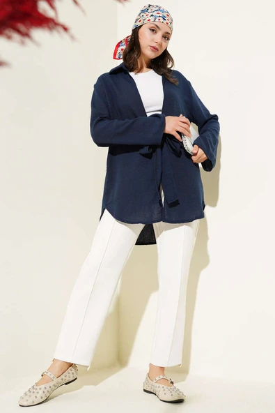 Önü Bağlama Detaylı Keten Kimono Lacivert - 2