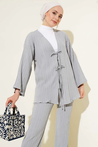 Önü İp Bağcıklı Krinkıl İkili Takım Gri - Resim 2