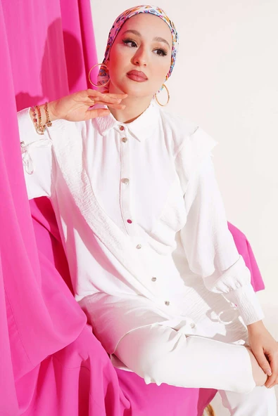 V Yaka Fırfırlı Tunik Beyaz ürün görseli