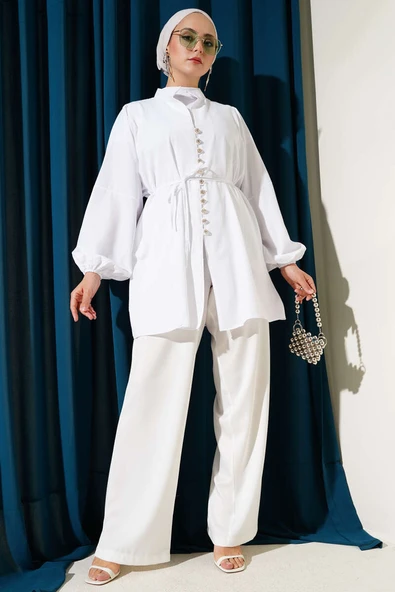 Taşlı Brit Düğmeli Terikoton Gömlek Beyaz - Resim 2