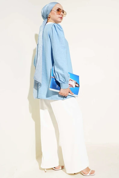 Brit Düğmeli V Yaka Gömlek Mavi - Resim 3