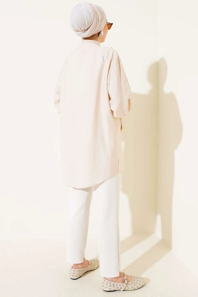 V Taşlı Gömlek Bej - Resim 3