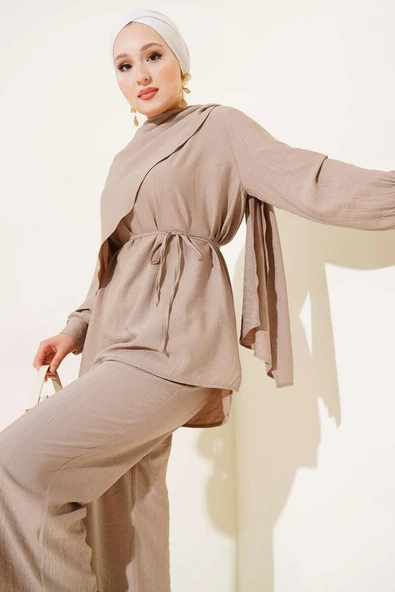 Pelerin Detaylı Tunik İkili Takım Vizon - Resim 2