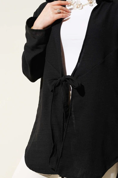 Önü Bağlama Detaylı Keten Kimono Siyah - Resim 4