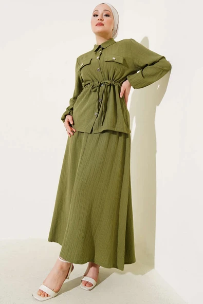 Çıtçıt Düğmeli Bel Tünelli Etekli İkili Takım Haki ürün görseli 1