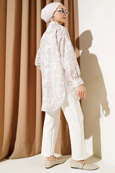 Desenli Bilek Bağcıklı Gömlek Bej - Resim 3