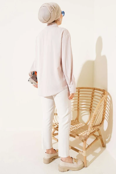 Çift Düğme Manşetli Şifon Gömlek Bej - Resim 3