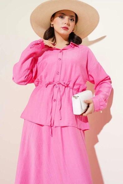 Beli Tünelli Etekli İkili Takım Fuşya - Resim 2