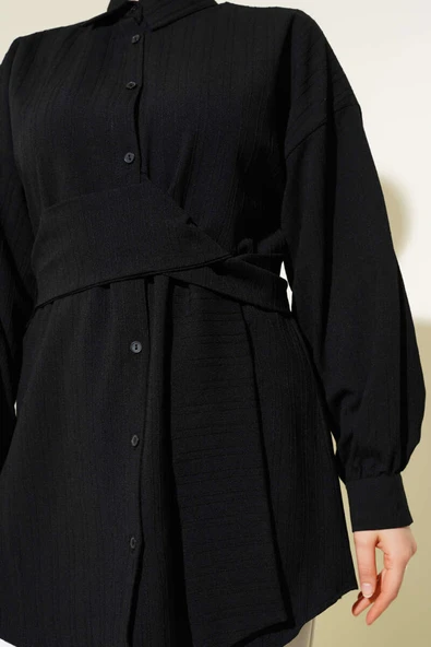 Belden Kuşak Bağlamalı Gömlek Siyah - Resim 4