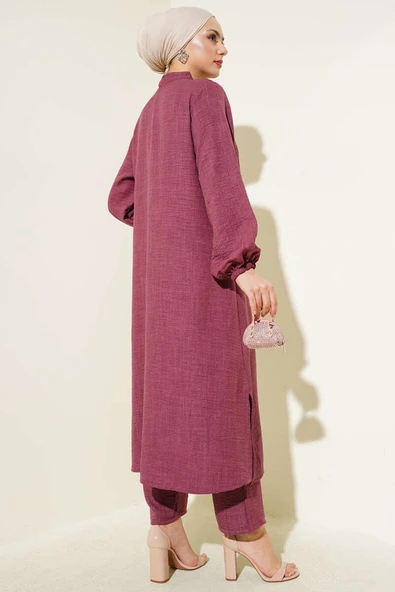 Taş Süslemeli Uzun Tunikli İkili Takım Burgonya - Resim 3