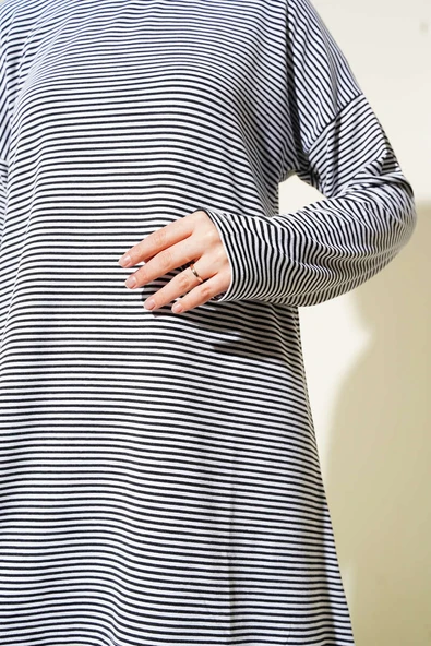 Çizgili Penye Tunik Siyah - Resim 4