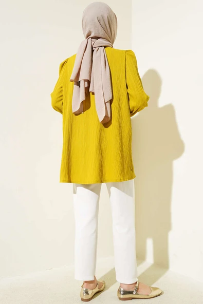 Brit Düğmeli Krinkıl Gömlek Yağ Yeşili - Resim 3