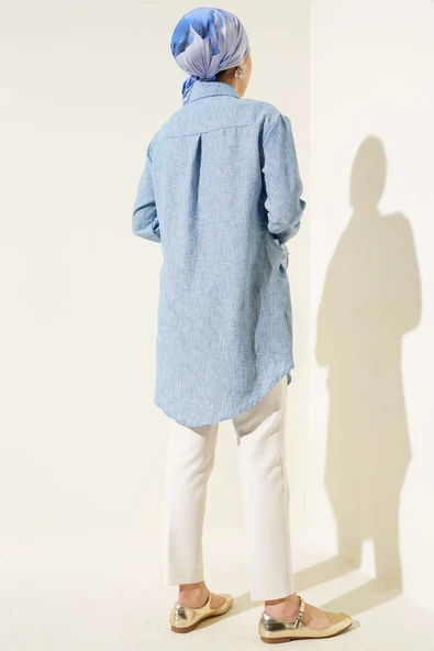 Kendinden Bel Kuşaklı Gömlek Mavi - Resim 3