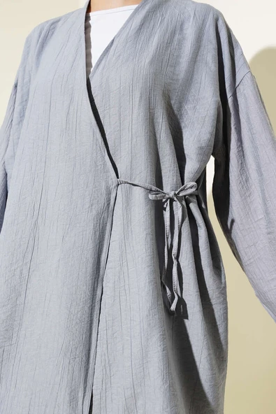Yandan Çift İp Bağlamalı Kimono Gri - Resim 4