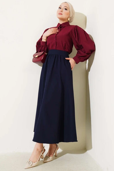 Bel Fermuarlı Cepli Kloş Etek Lacivert - Resim 2