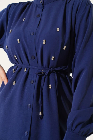 İp Kuşaklı Taşlı Gömlek Lacivert - Resim 4