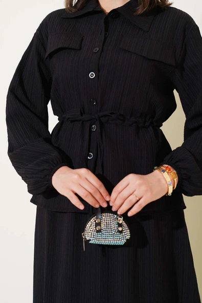 Cep Kapaklı Bel Tünelli Etekli Bürümcük Takım Siyah - Resim 4