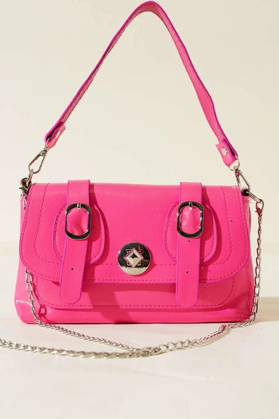 Çift Kemer Detaylı Rugan Çanta Fuşya - Resim 2
