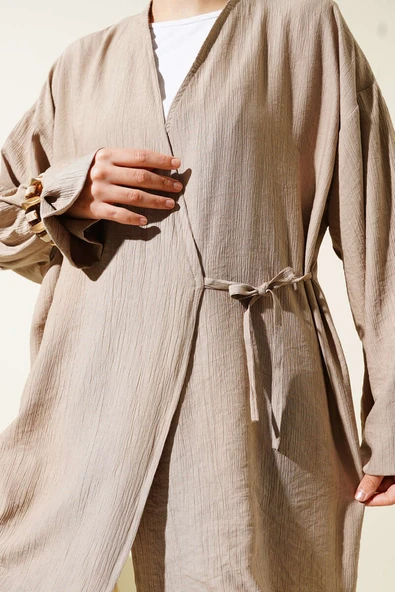Yandan Çift İp Bağlamalı Kimono Latte - Resim 4