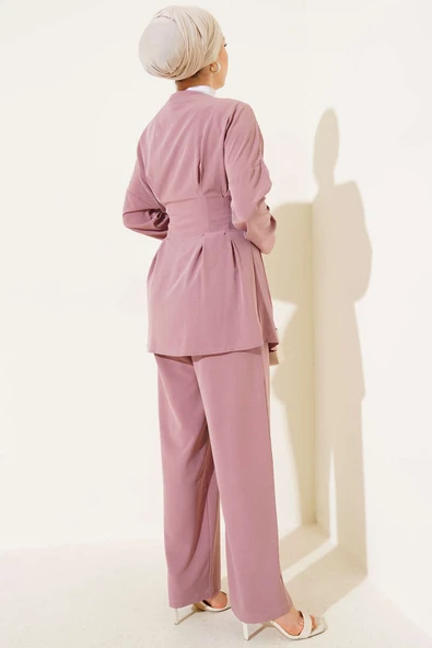 Bel Pensli Yandan Bağlamalı İkili Takım Gül Kurusu - Resim 3