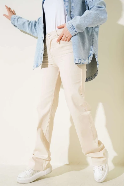 Paçası Püsküllü Palazzo Kot Pantolon Taş - Resim 2