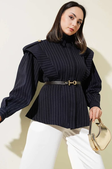 Çizgili Omuz Apoletli Kemerli Ceket Lacivert ürün görseli 1