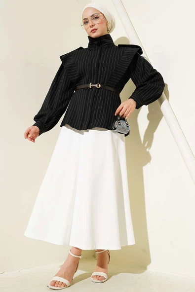 Çizgili Omuz Apoletli Kemerli Ceket Siyah - Resim 2