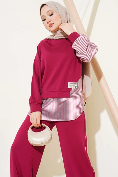 Loyşa Çizgi Garnili Tunik İkili Takım Bordo - Resim 2