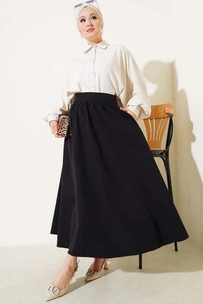 Bel Fermuarlı Cepli Kloş Etek Siyah - Resim 2