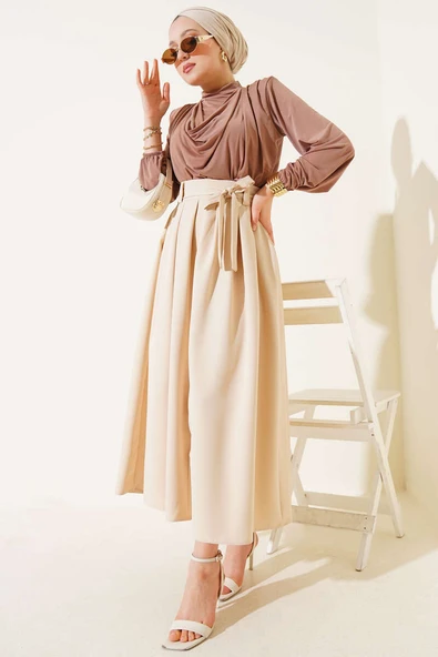 Pileli Kuşaklı Kloş Etek Bej - 2