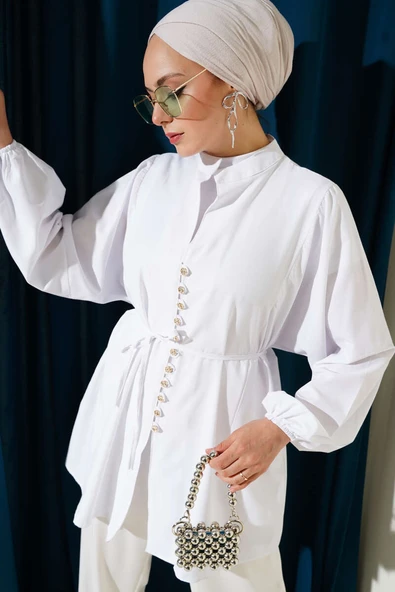 Taşlı Brit Düğmeli Terikoton Gömlek Beyaz ürün görseli 1